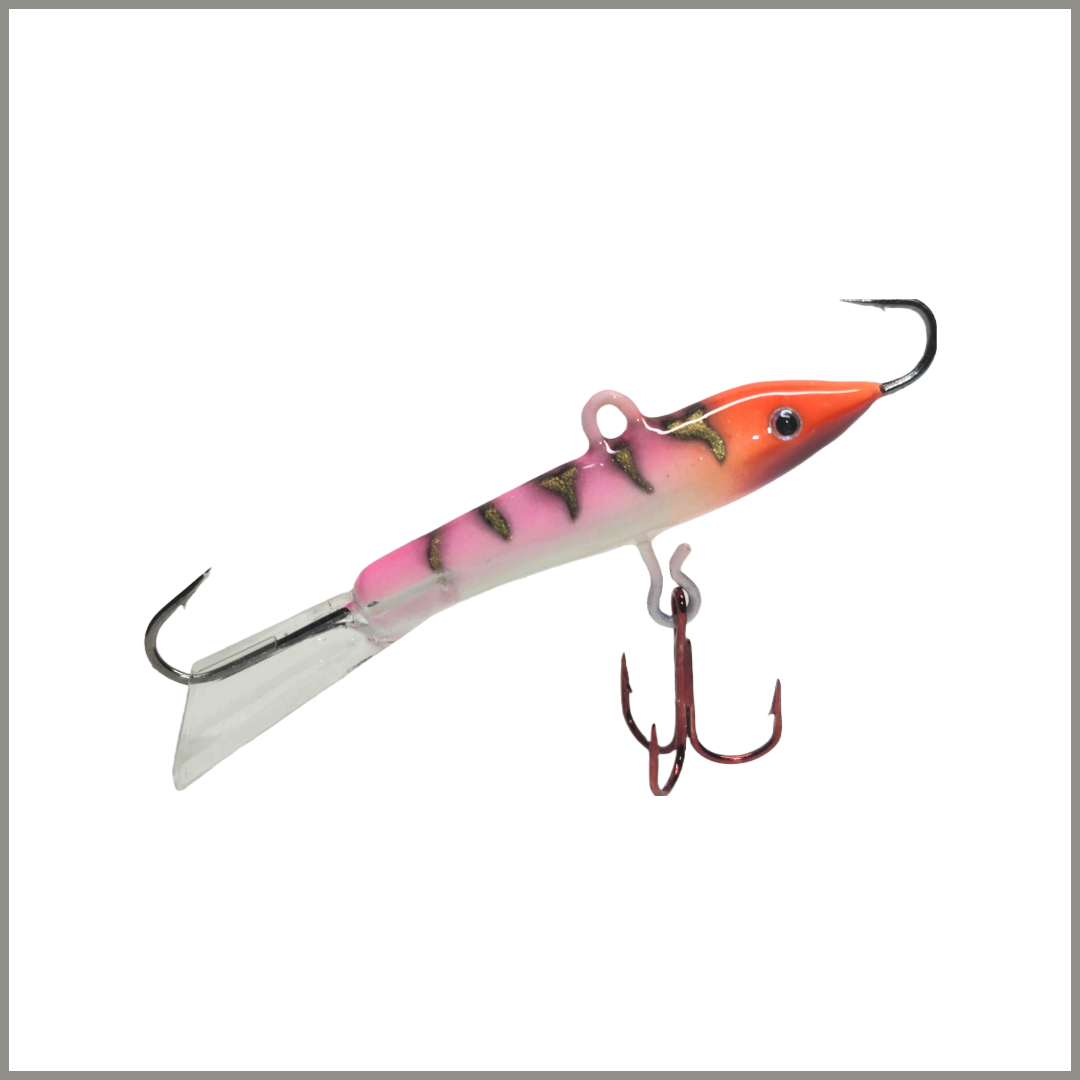 Jigging rap style glow in the dark pink and orange ice fishing lure