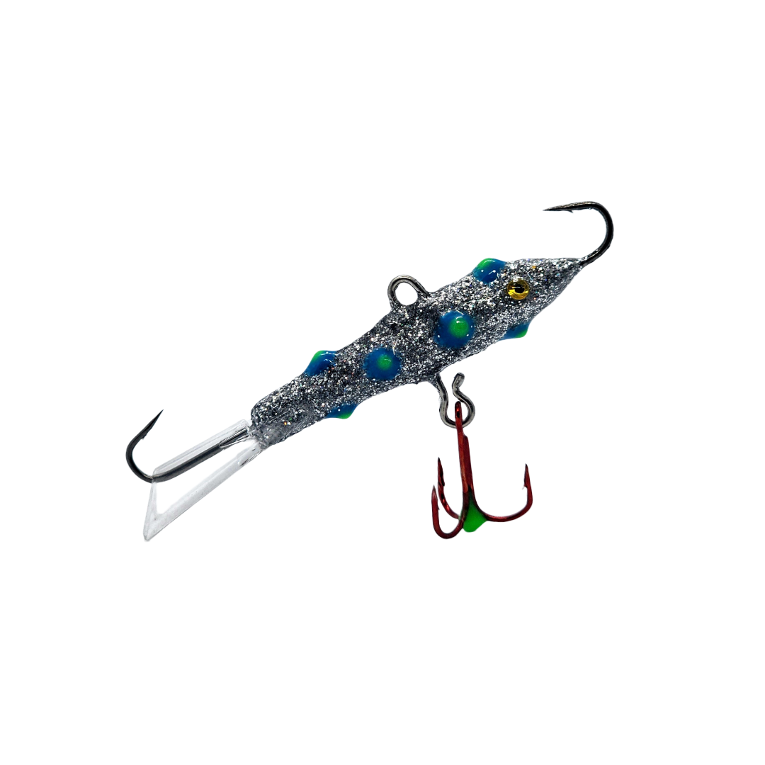 Blue chrome glow jigging minnow best for walleye through the ice