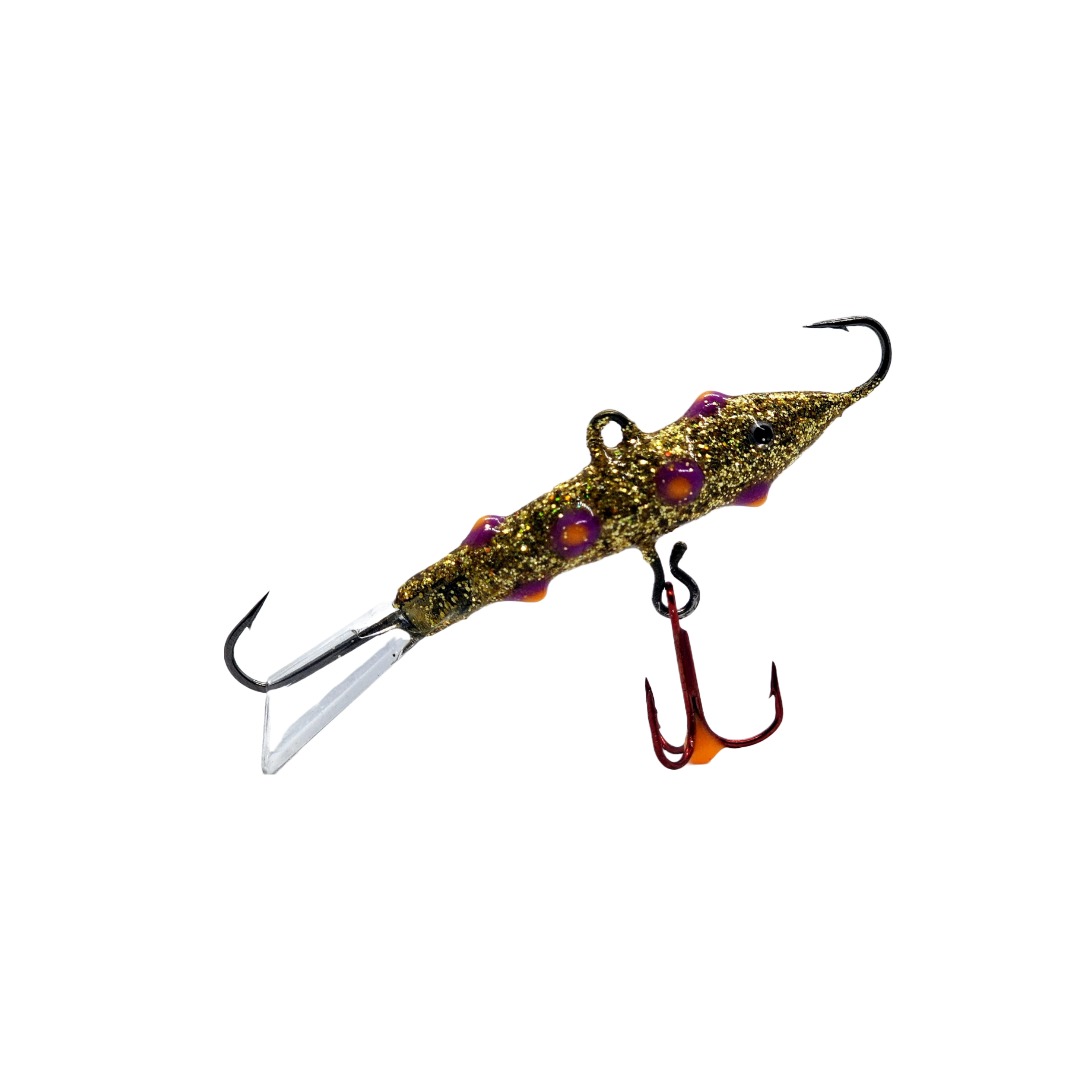 Gold glowing walleye jigging rap style top bait for ice fishing