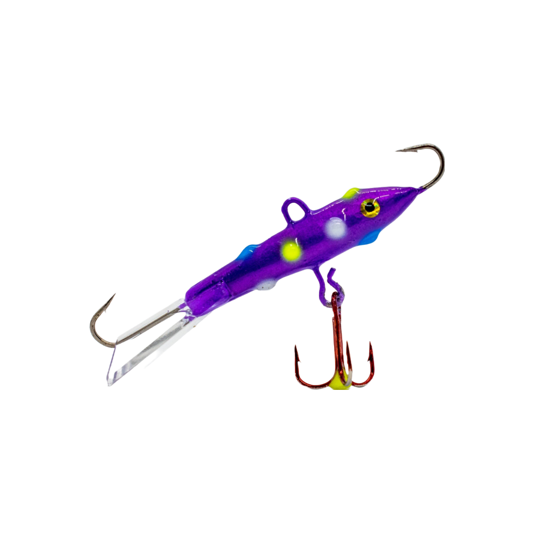 Deep purple ice fishing jigging rap style lure that Glows in the dark