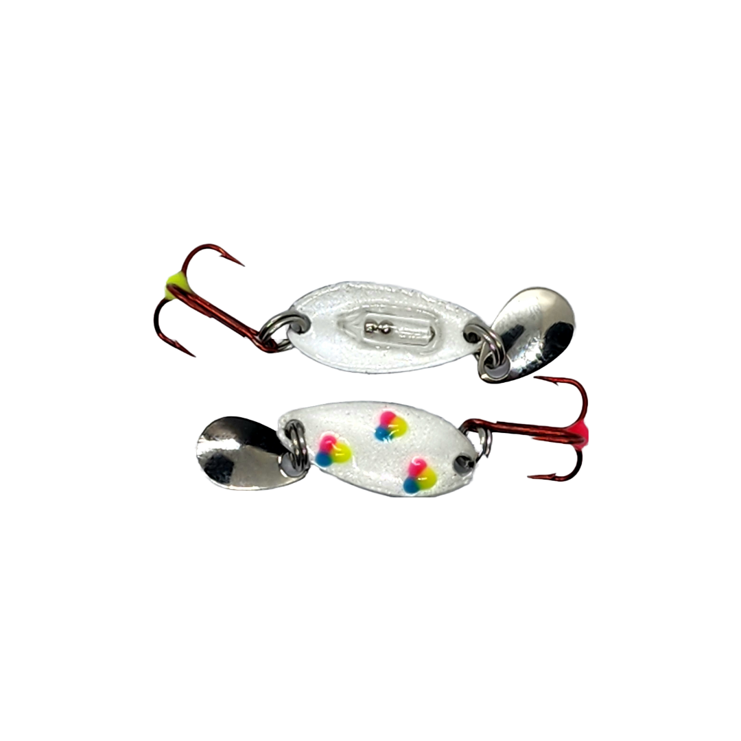 Wonder Bread glowing ice fishing micro spoon. Rattle and glow hook make this lure great for bluegill