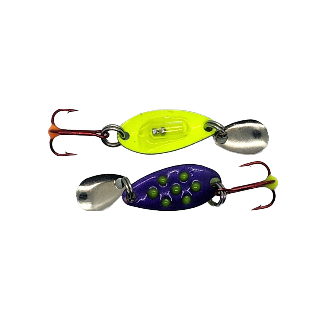 Chartreuse back and glow dots on purple. This micro spoon is perfect for perch ice fishing