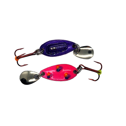 Micro glass rattle spoons have glow and a flutter blade for even more panfish attraction seen here in pink and purple