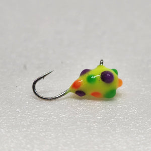 Ice fishing Tungsten lure. Gobbstopper glow with a chartreuse main and super lasting glow dots